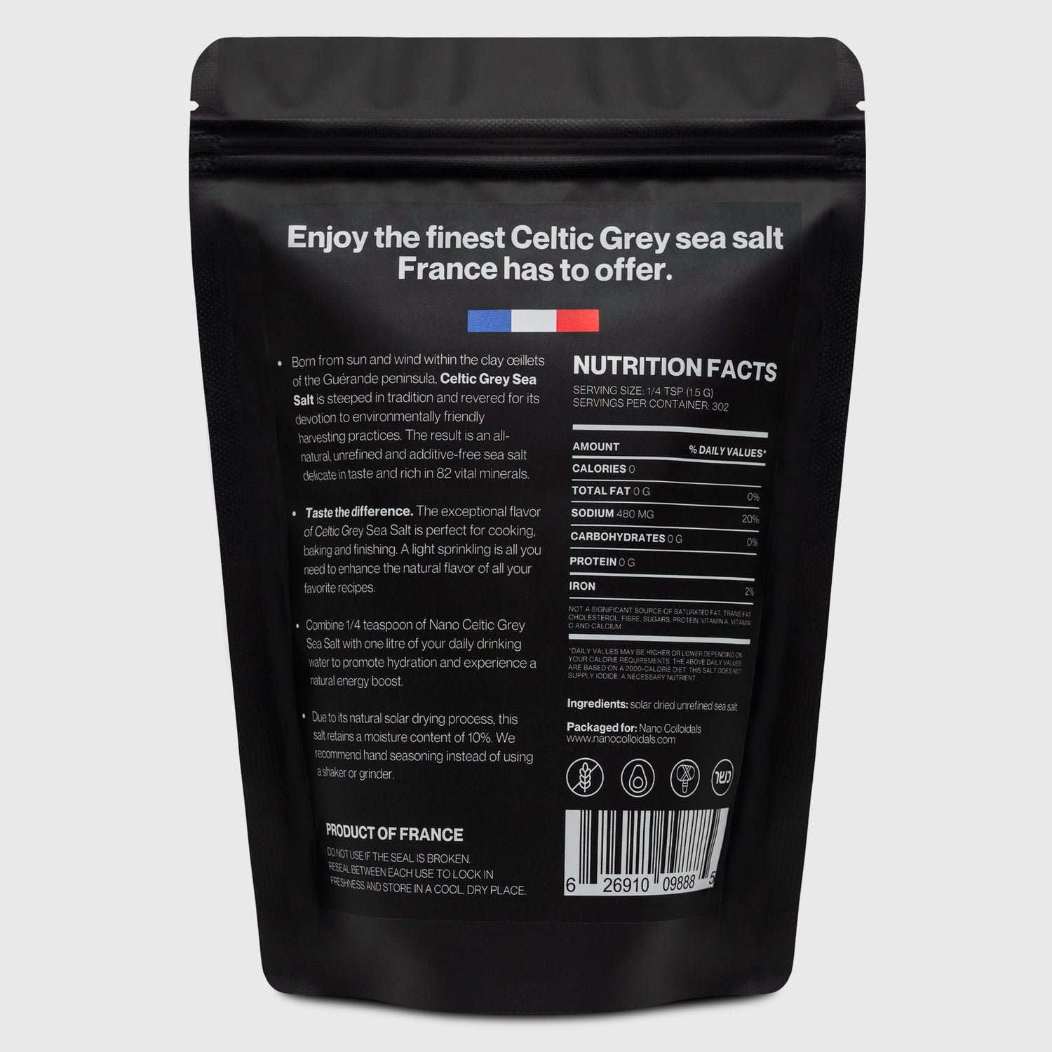 1 LB bag of Nano Celtic Grey French Organic Coarse Sea Salt. Natural, unrefined, and hand harvested