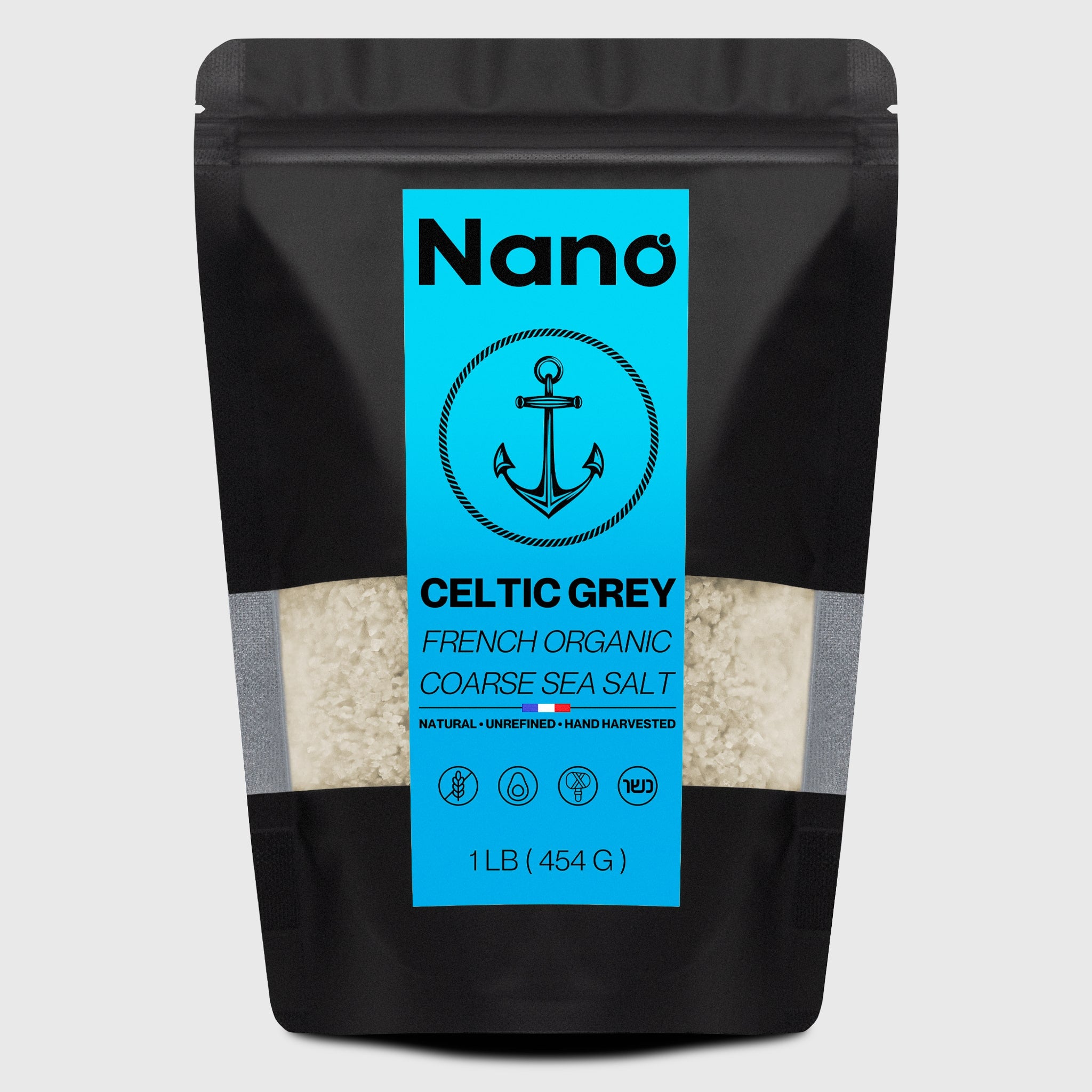 1 LB bag of Nano Celtic Grey French Organic Coarse Sea Salt. Natural, unrefined, and hand harvested