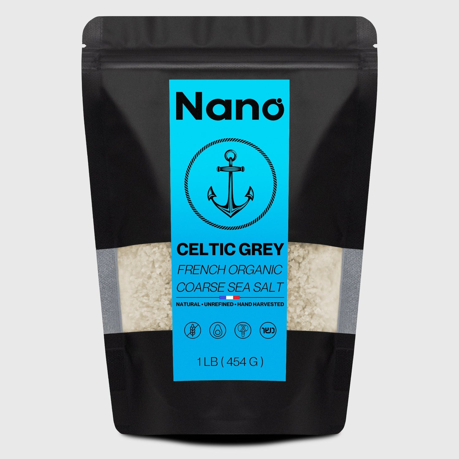 1 LB bag of Nano Celtic Grey French Organic Coarse Sea Salt. Natural, unrefined, and hand harvested