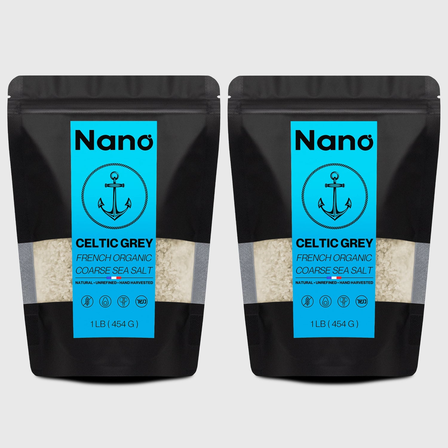 Two 1 LB bags of Nano Celtic Grey French Organic Coarse Sea Salt. Natural, unrefined, and hand harvested