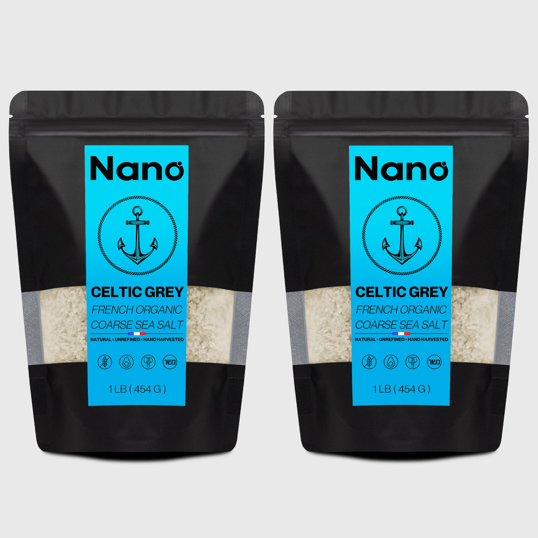 Two 1 LB bags of Nano Celtic Grey French Organic Coarse Sea Salt. Natural, unrefined, and hand harvested