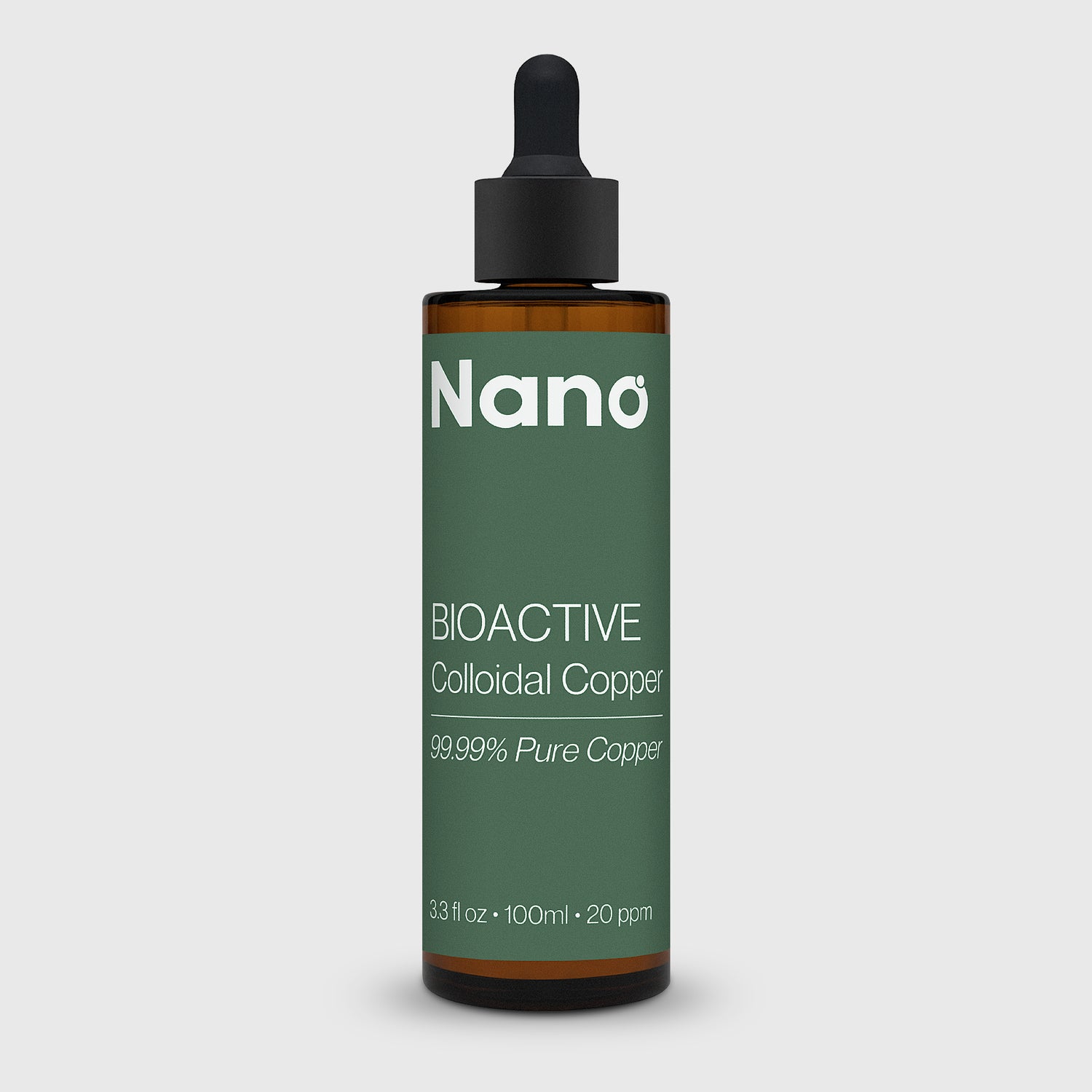 100ml bottle of 20 ppm Nano bioactive colloidal copper liquid health supplement front angle