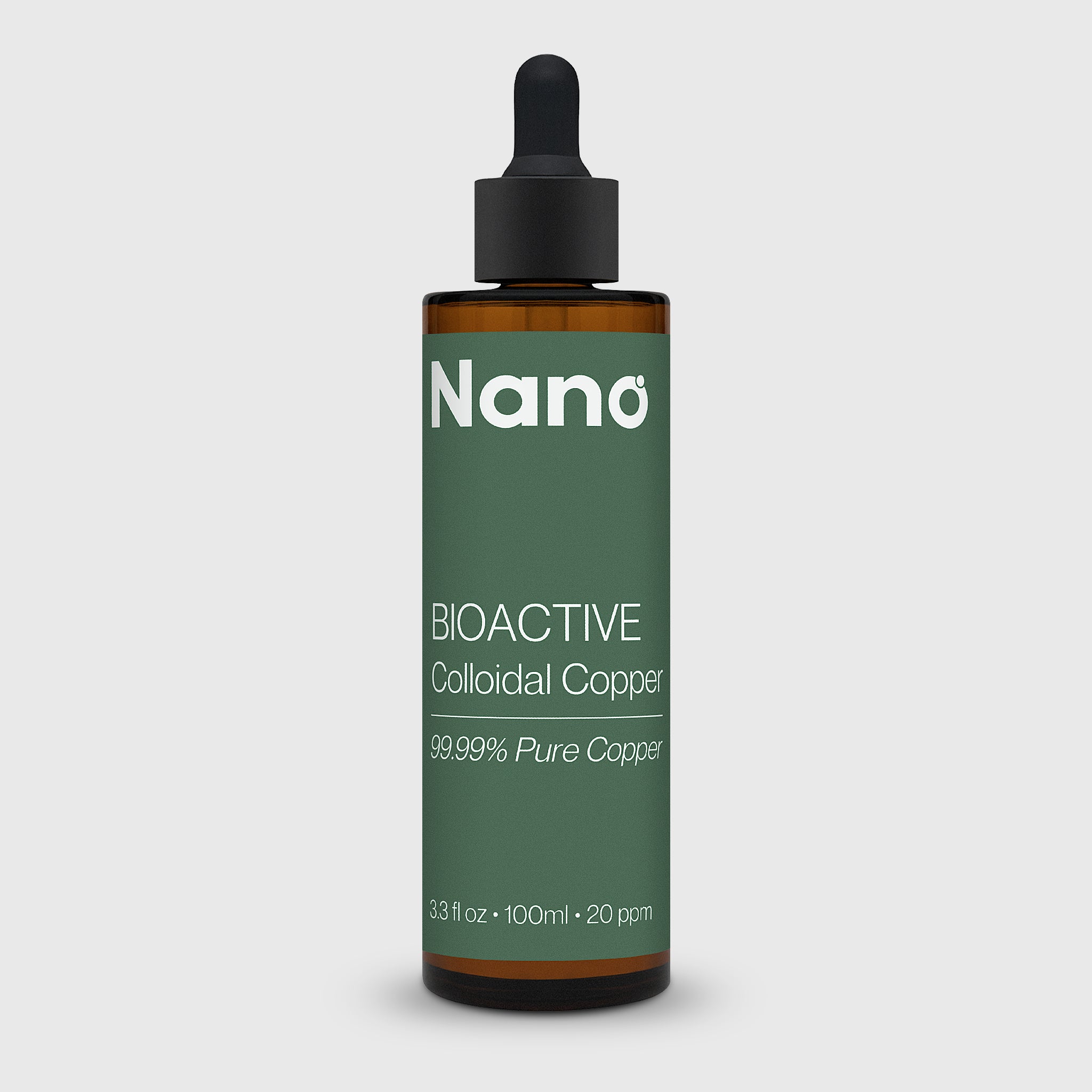 100ml bottle of 20 ppm Nano bioactive colloidal copper liquid health supplement front angle