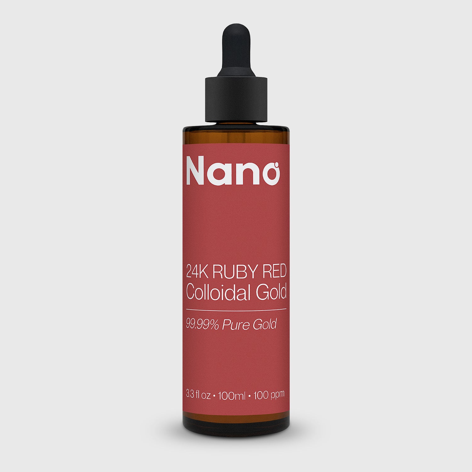 100ml bottle of 24K ruby red colloidal gold liquid health supplement front angle