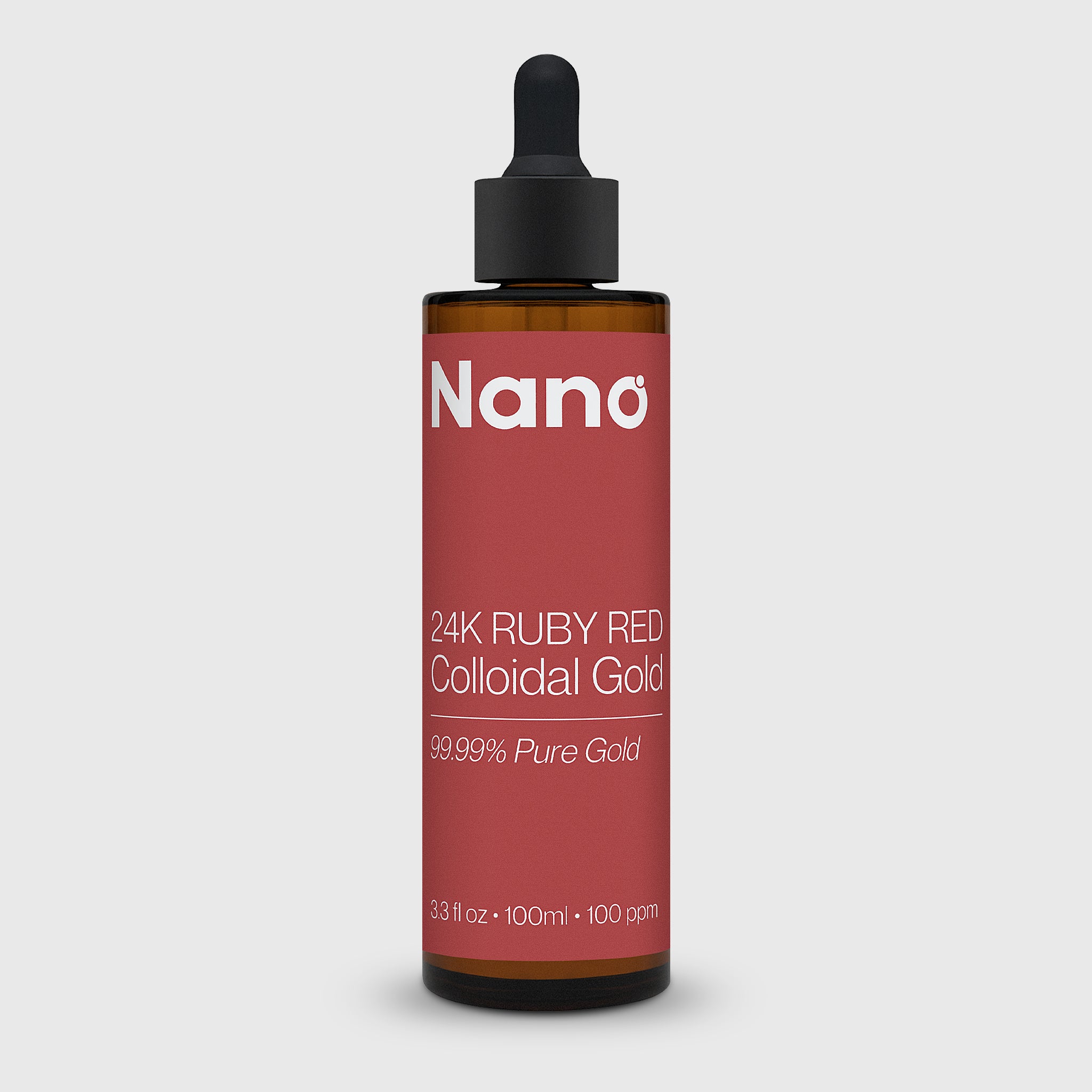 100ml bottle of 24K ruby red colloidal gold liquid health supplement front angle