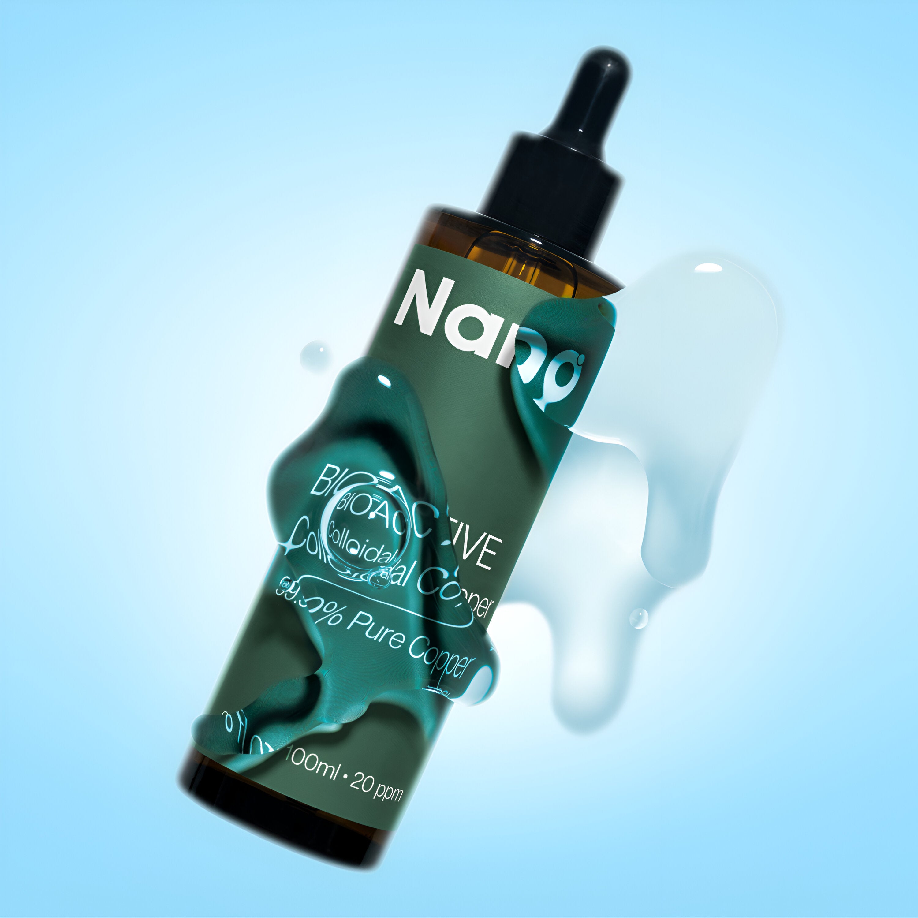 A 100ml bottle of 20 ppm bioactive colloidal liquid copper health supplement