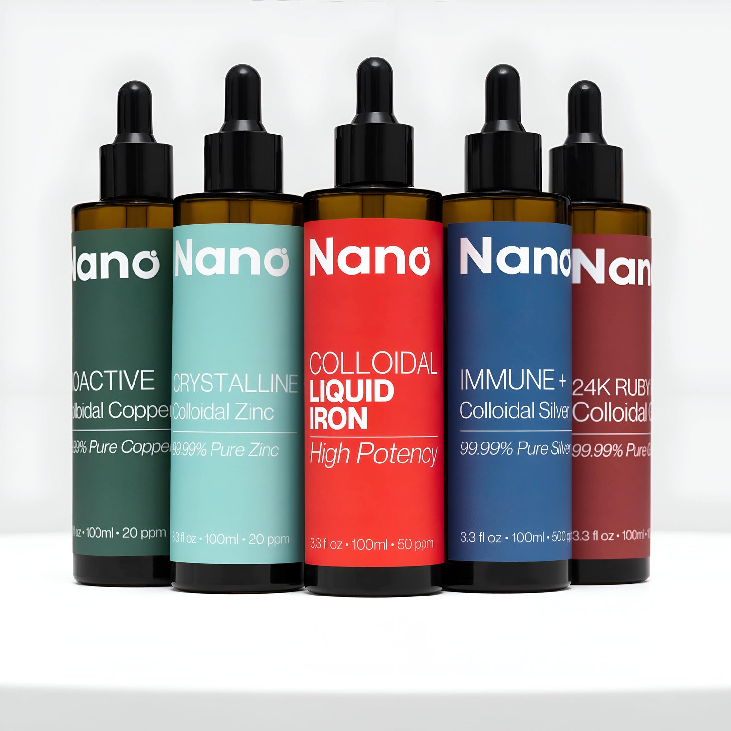 A collection Nano colloidal liquid supplements including bioactive colloidal copper colloidal zinc colloidal liquid iron colloidal silver and colloidal gold