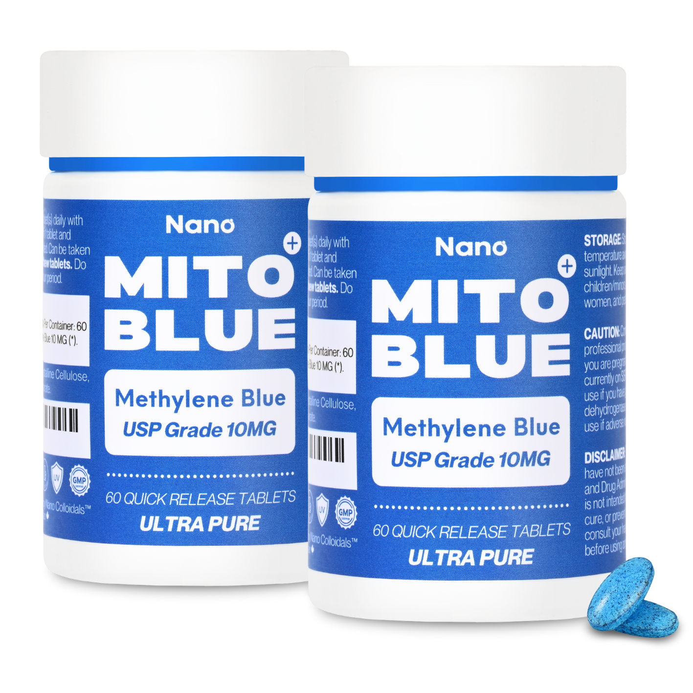 Nano-Colloidals_MITOBLUE_Methylene_Blue_USP_Grade_10MG_Tablets - 2 bottles