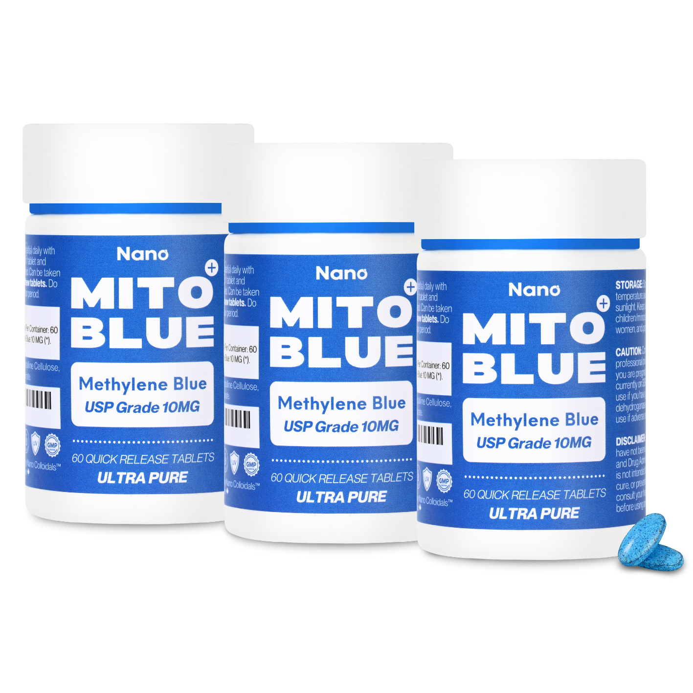 Nano-Colloidals_MITOBLUE_Methylene_Blue_USP_Grade_10MG_Tablets - 3 bottles