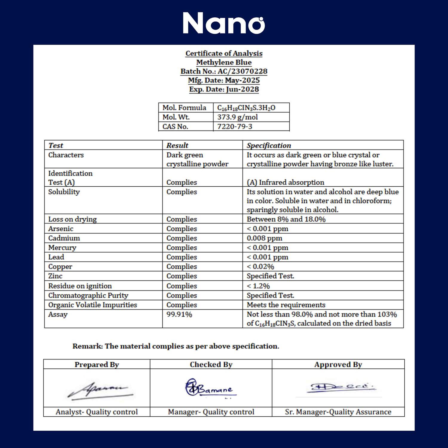 Nano Methylene Blue Liquid Supplement Certificate of Analysis. 99.91% Pure