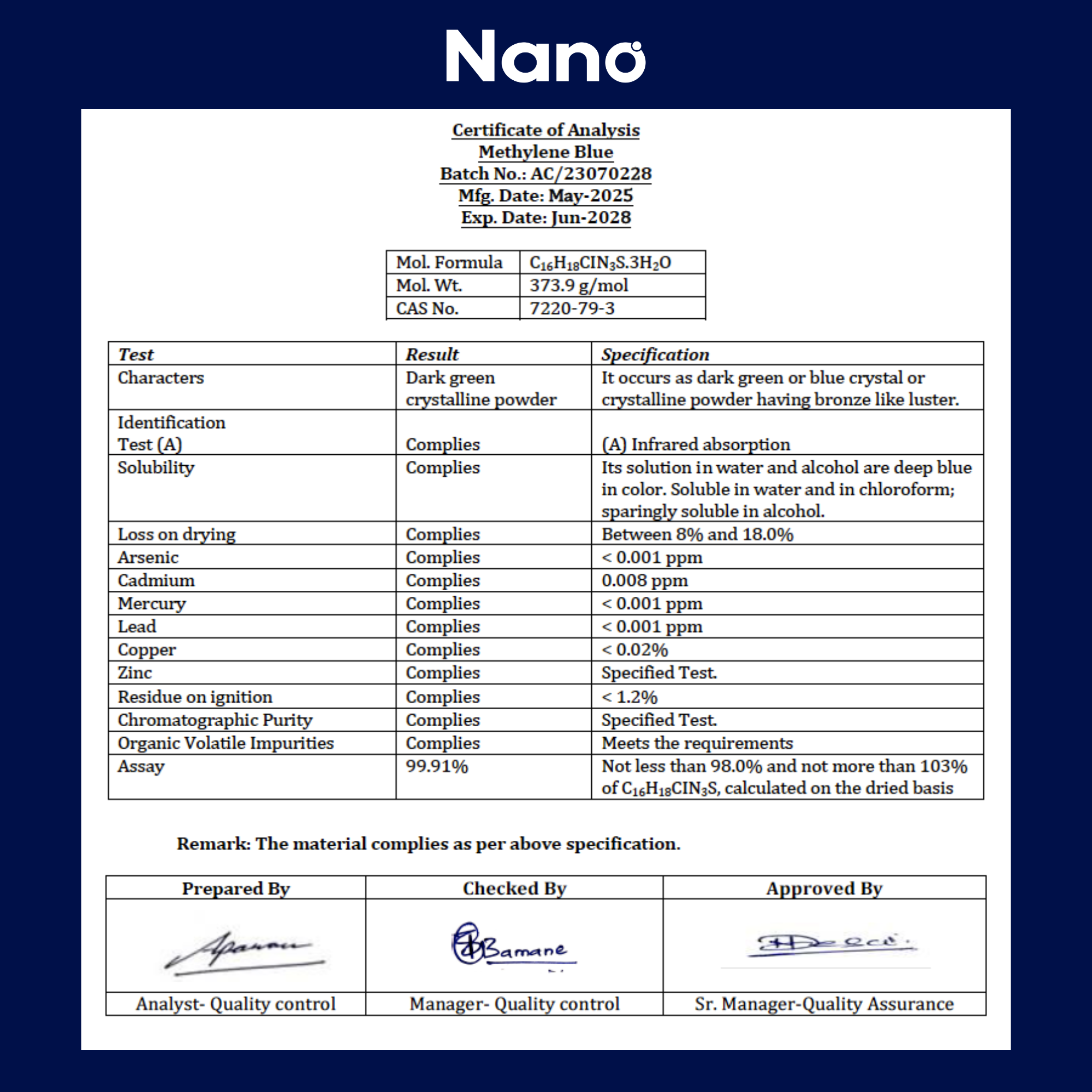 Nano Methylene Blue Liquid Supplement Certificate of Analysis. 99.91% Pure