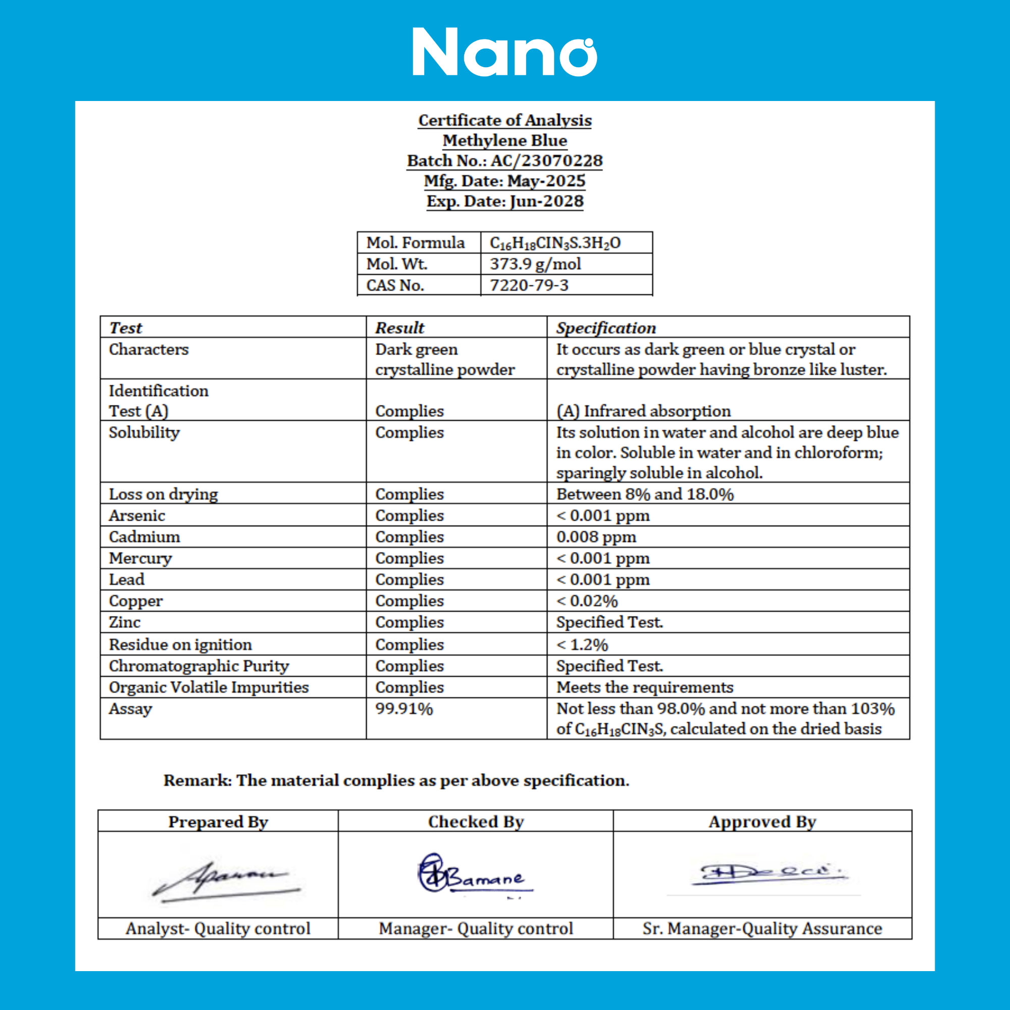Nano MITOBLUE Methylene Blue USP Grade 10MG Tablets certificate of analysis