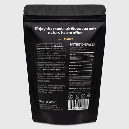 1 LB bag of Nano Baja Gold Organic Mineral Coarse Sea Salt. Natural, unrefined, hand harvested 