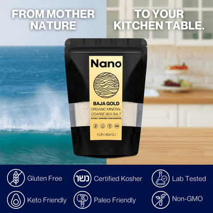 Nano Baja Gold Sea Salt is gluten free, certified kosher, lab tested, keto friendly, paleo friendly, non GMO