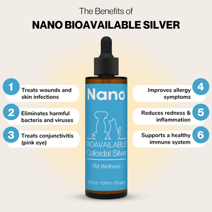 The benefits of Nano 20 ppm bioavailable colloidal silver pet wellness supplement. Treats wounds and skin infections. Eliminates harmful bacteria and viruses. Treats pink eye. Improves allergy symptoms. Reduces redness and inflammation. Supports a healthy immune system