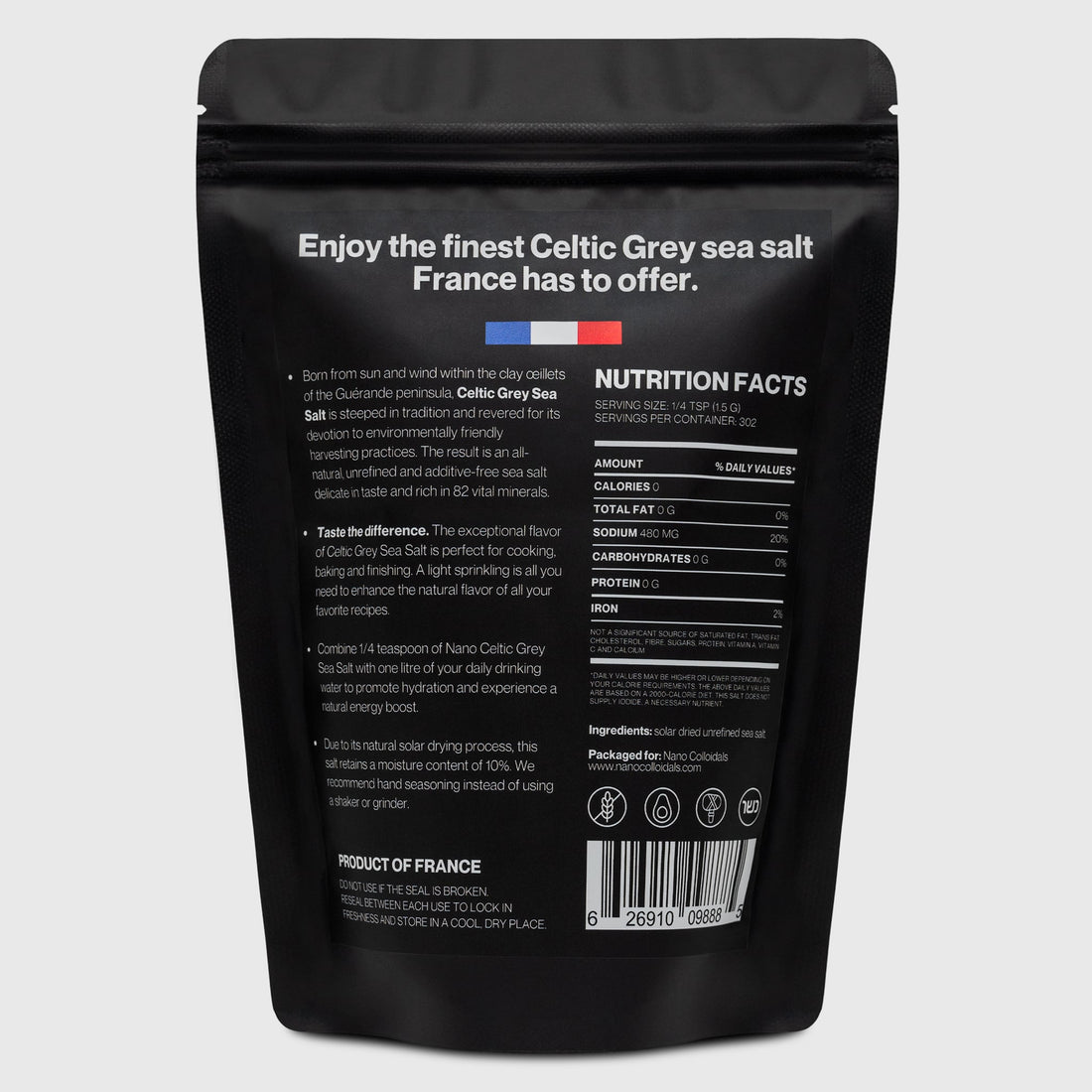 1 LB bag of Nano Celtic Grey French Organic Coarse Sea Salt. Natural, unrefined, and hand harvested