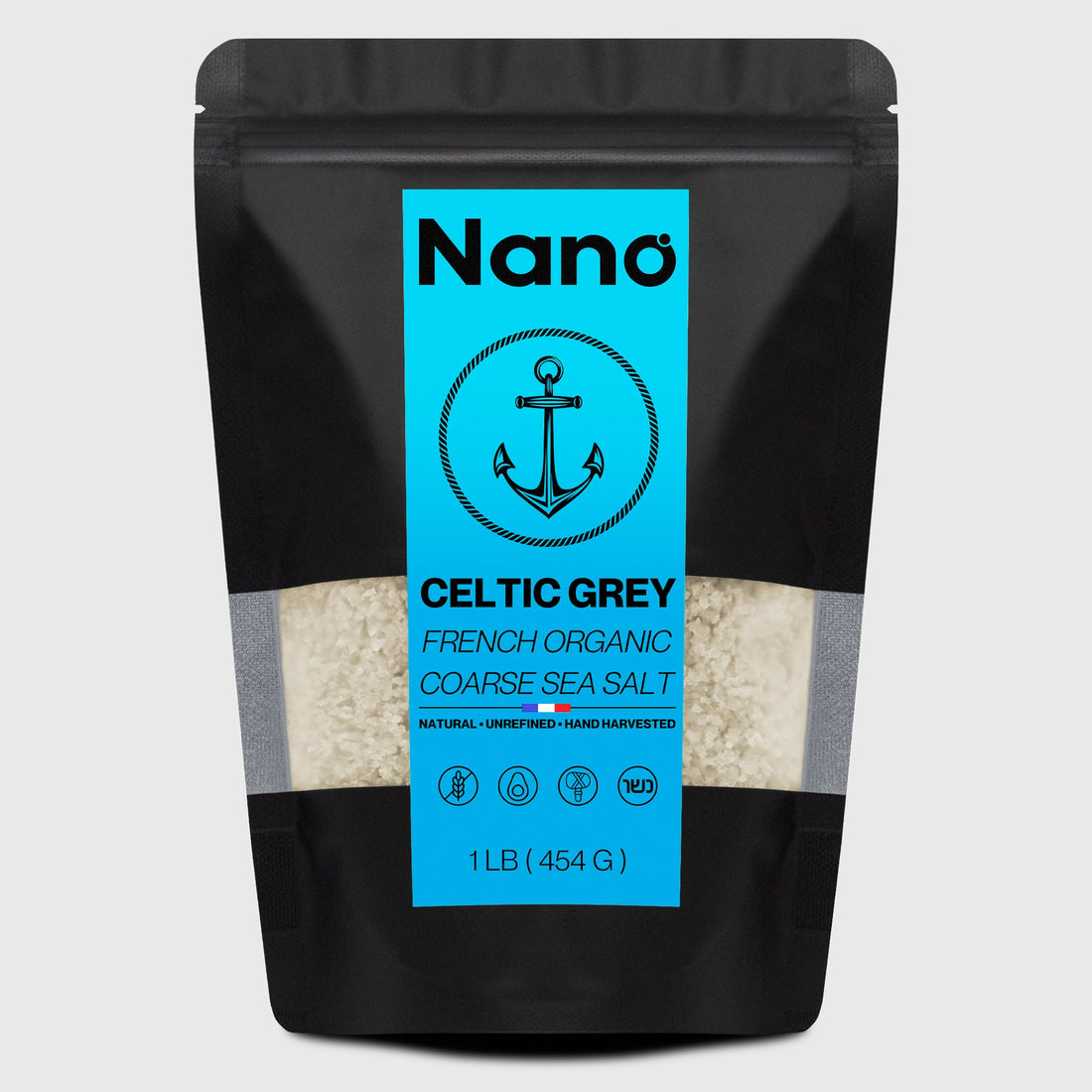 1 LB bag of Nano Celtic Grey French Organic Coarse Sea Salt. Natural, unrefined, and hand harvested