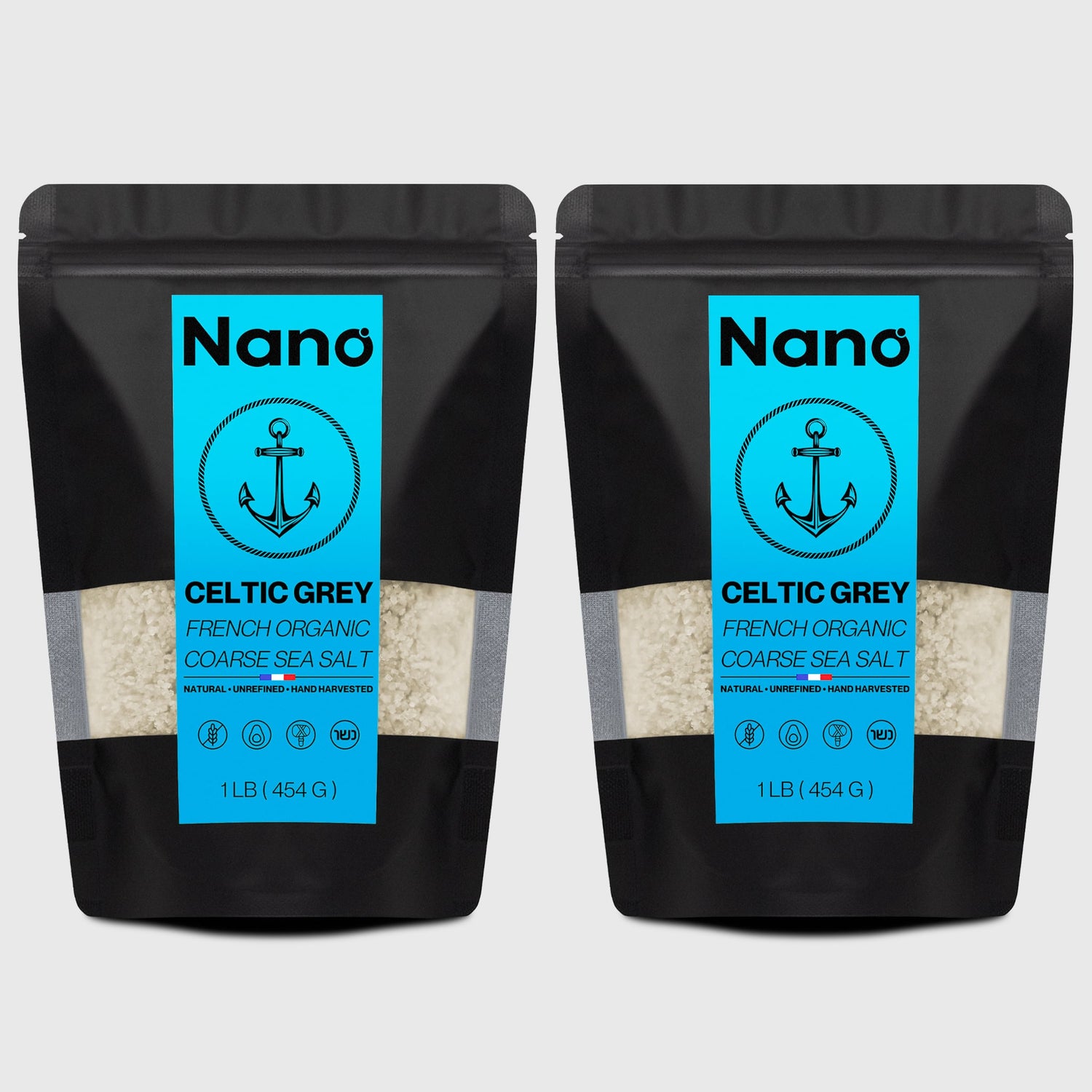 Two 1 LB bags of Nano Celtic Grey French Organic Coarse Sea Salt. Natural, unrefined, and hand harvested 