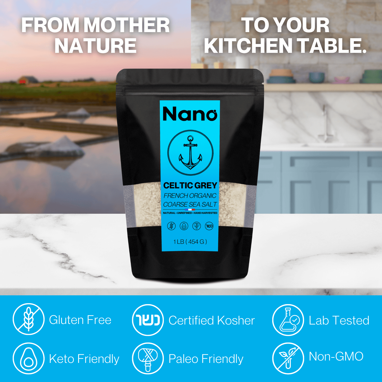 Nano Celtic Sea Salt is gluten free, certified kosher, lab tested, keto friendly, paleo friendly, non GMO