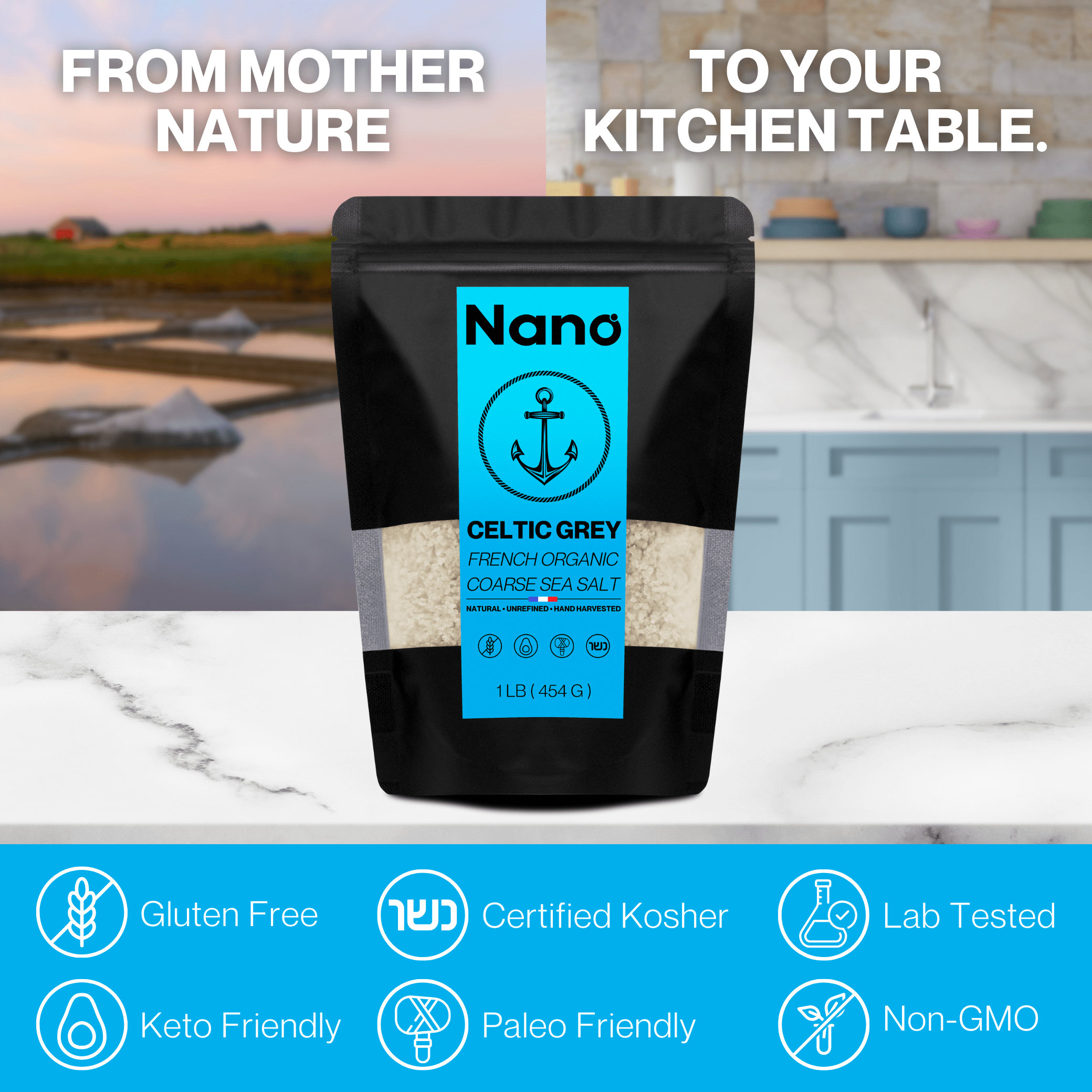 Nano Celtic Sea Salt is gluten free, certified kosher, lab tested, keto friendly, paleo friendly, non GMO
