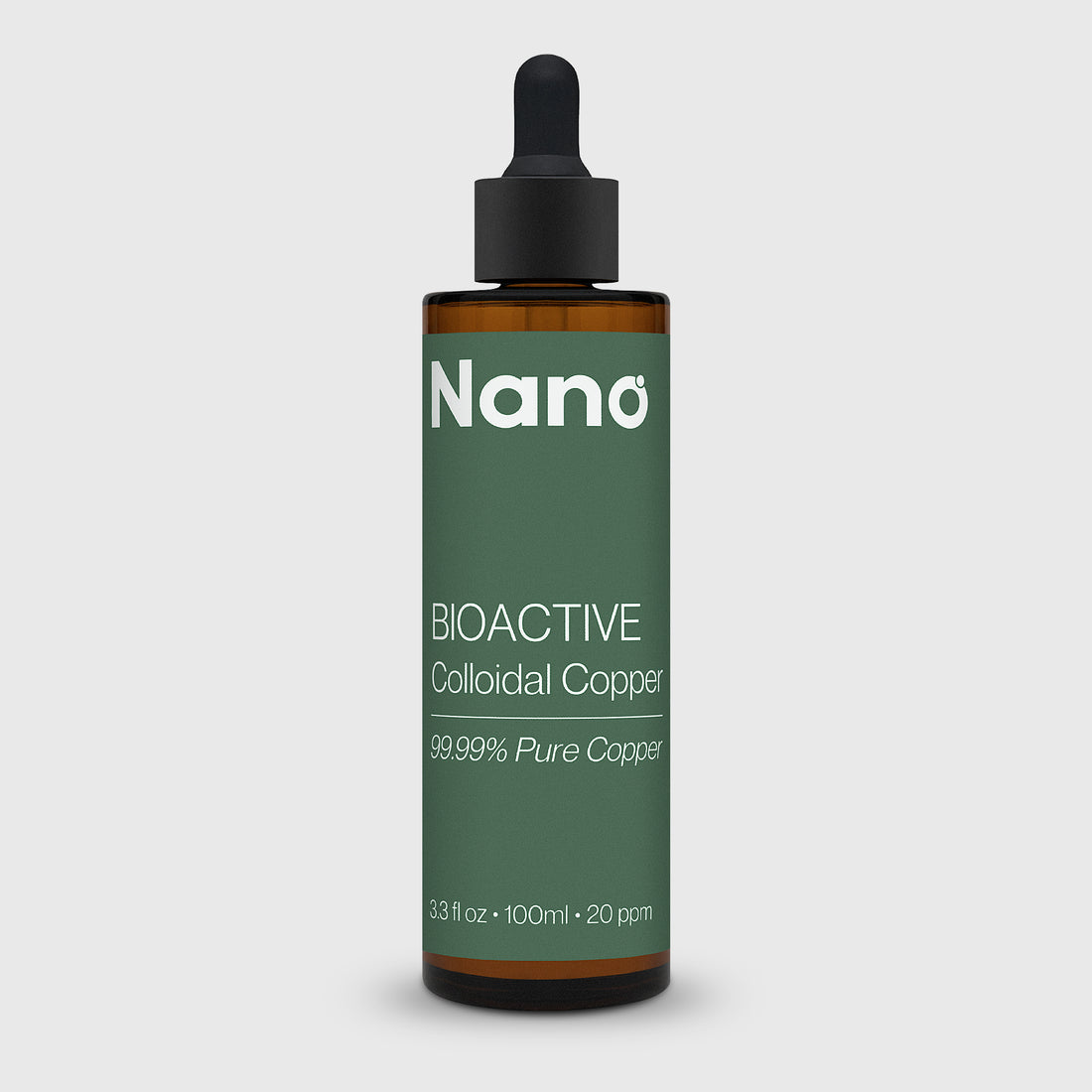 100ml bottle of 20 ppm Nano bioactive colloidal copper liquid health supplement front angle