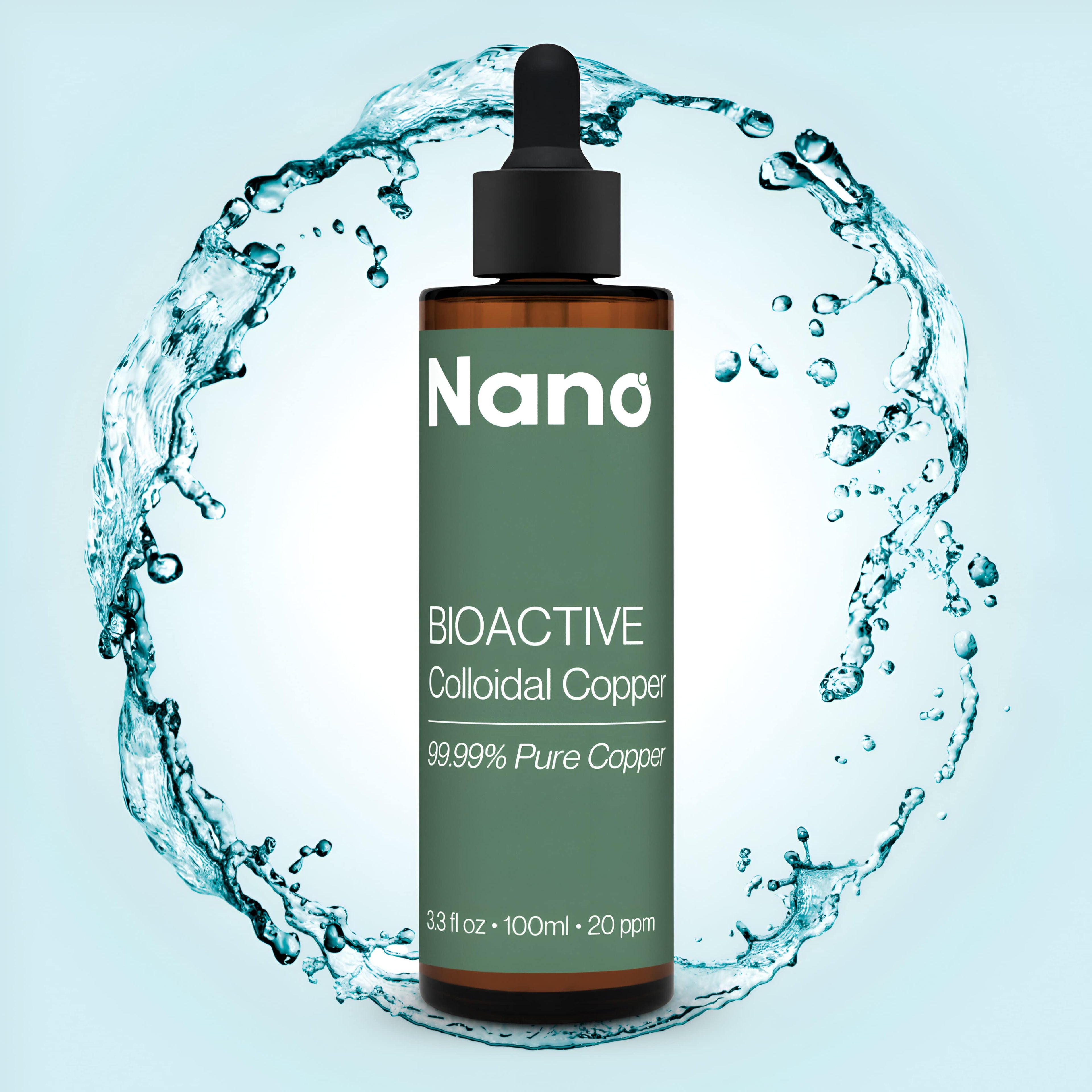 A bottle of Nano 99% pure 20 ppm bioactive colloidal copper liquid supplement encircled by a suspended circle of liquid colloidal copper