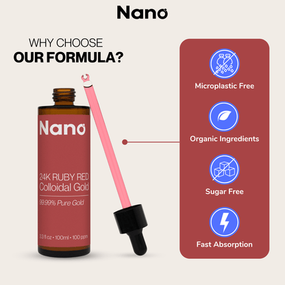 Nano 24K ruby red colloidal gold liquid health supplement is micro plastic free, organic, sugar free, and highly bioavailable