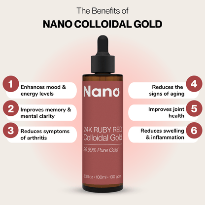 The benefits of Nano 24K ruby red colloidal gold liquid health supplement. Enhances mood and energy levels. Improves memory and mental clarity. Reduces symptoms of arthritis. Reduces signs of aging. Improves joint health. Reduces swelling and inflammation