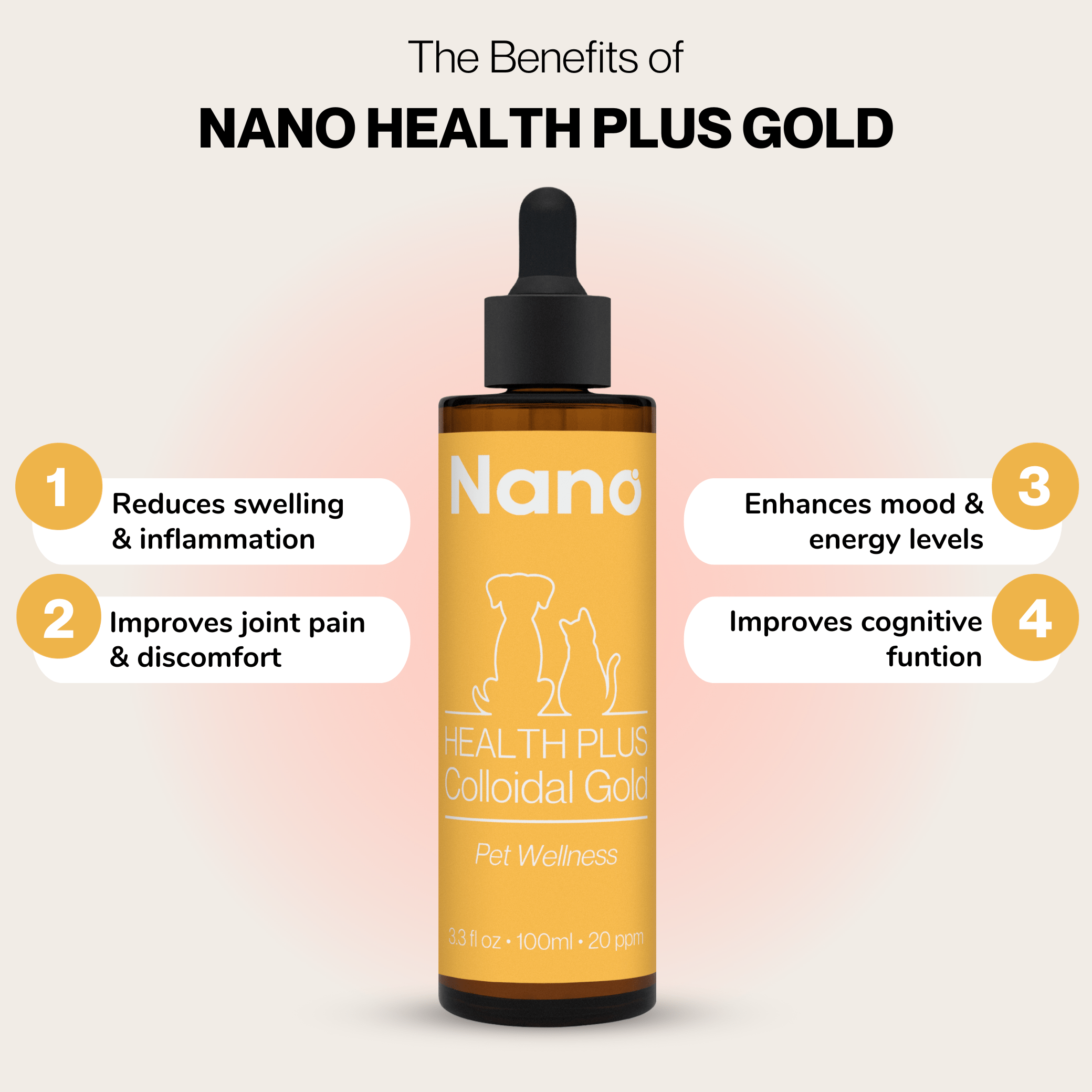 The benefits of Nano health plus colloidal gold pet wellness liquid health supplement. Reduces swelling and inflammation. Improves joint pain and discomfort. Enhances mood and energy levels. Improves cognitive function
