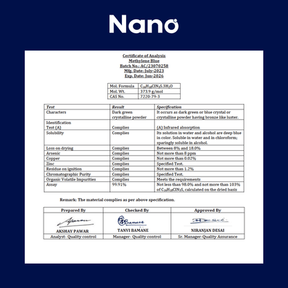 Nano Methylene Blue Liquid Supplement Certificate of Analysis. 99.91% Pure